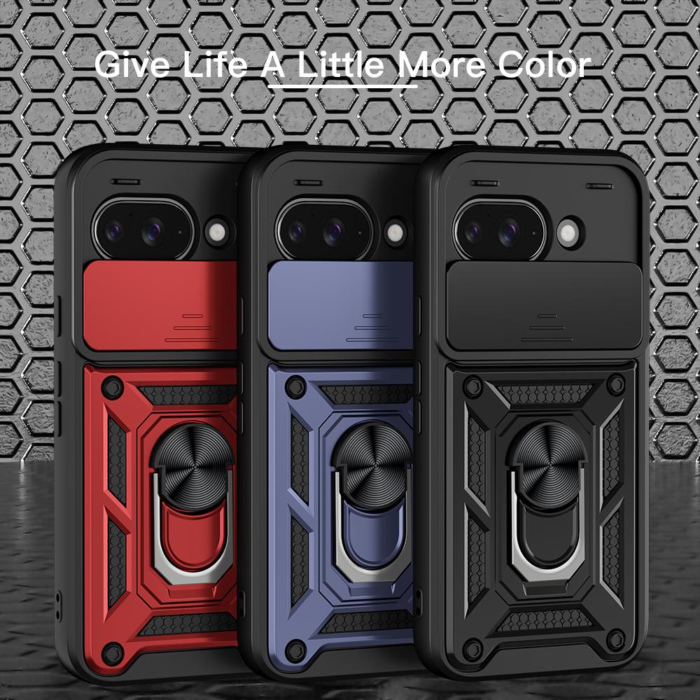 KEYSION Shockproof Armor Case for Google Pixel 9A Silicone+PC Slide Camera Lens Protection Ring Stand Phone Cover for Pixel 9A