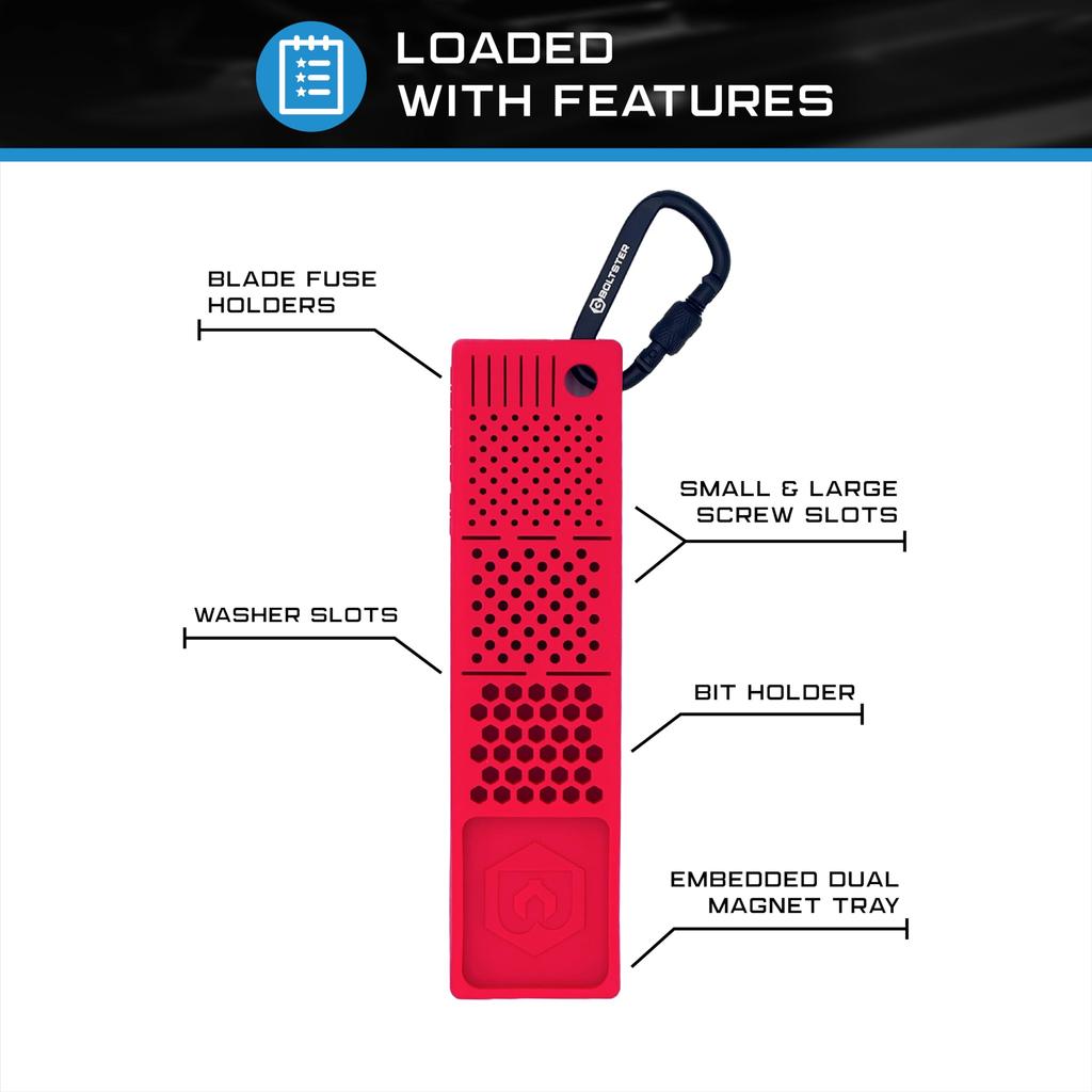 Boltster Magnetic Parts Keeper, Silicone Bit and Bolt Holder, for Maintenance and Repair Work, with Carabiner, Red, BTS-100004R