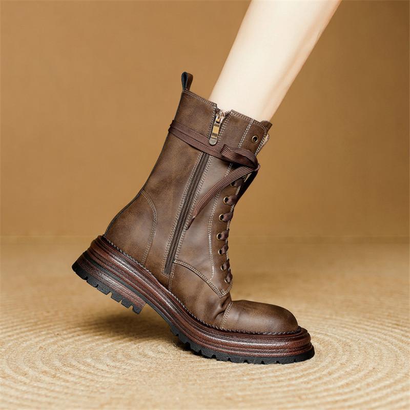 Fashion New Autumn/winter Split Leather Women Boots Round Toe Shoes for Women Fashion Boots Mid Heels Lace Mid-calf Boots Platform Shoes