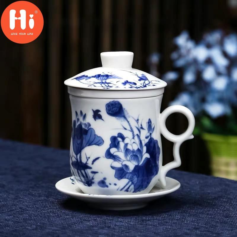 Hi Blue and White Porcelain Office Teacups with Lid Filter Creative Ceramic Hand-Painted Water Cups Household Drinkware Gifts