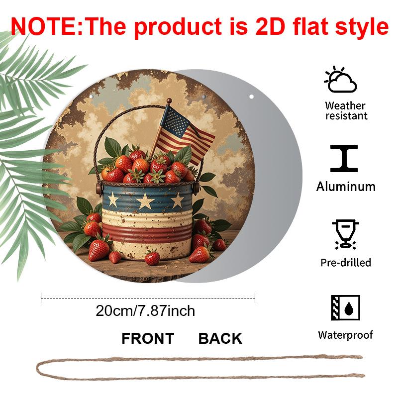 2D Flat, 1pc Retro American-Style Strawberry Basket Wall Art- Rustic Aluminum Metal Sign with Patriotic Stars And Stripes Pattern, Indoor/Outdoor