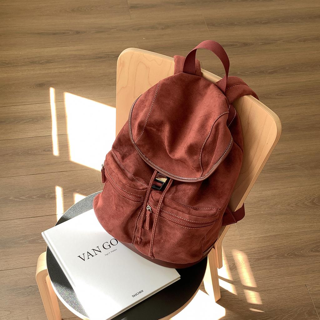 Koreanischer Stil Kordelzug Klappe Rucksack Winter Vintage Wildleder Große Kapazität Modisch Schulter Vielseitig Tasche Taschen für Reisen