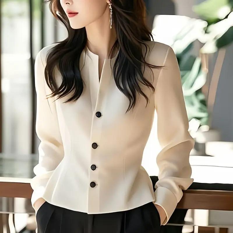 Camicia Corta Temperamento Bianco Manica Lunga Bottoni Lisci Blusa Elegante Primavera Autunno Moda Elegante Abbigliamento Donna