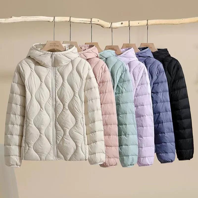 Lightweight Women Down Jacket Hooded White Duck Down Warm Thin Coat Korean Style Puffer Jacket