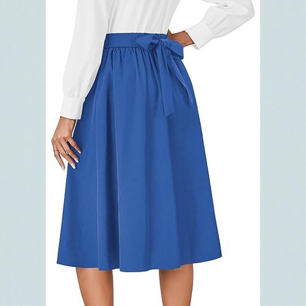 Women's Retro High-waisted Pleated Back Tie Flared A-line Midi Skirt