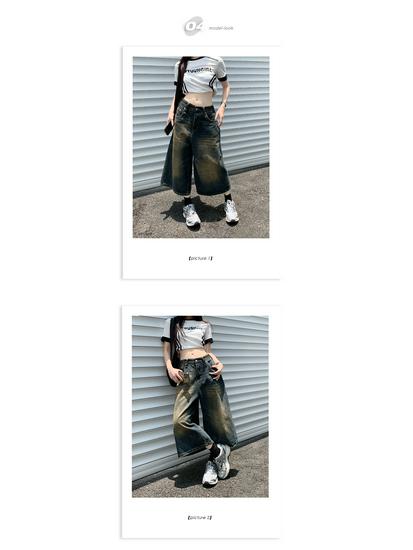 Retro Washed Distressed Wide Leg 7/8 Jeans - Unisex High Street Loose and Straight Mid-Length Shorts for Spring/Summer.