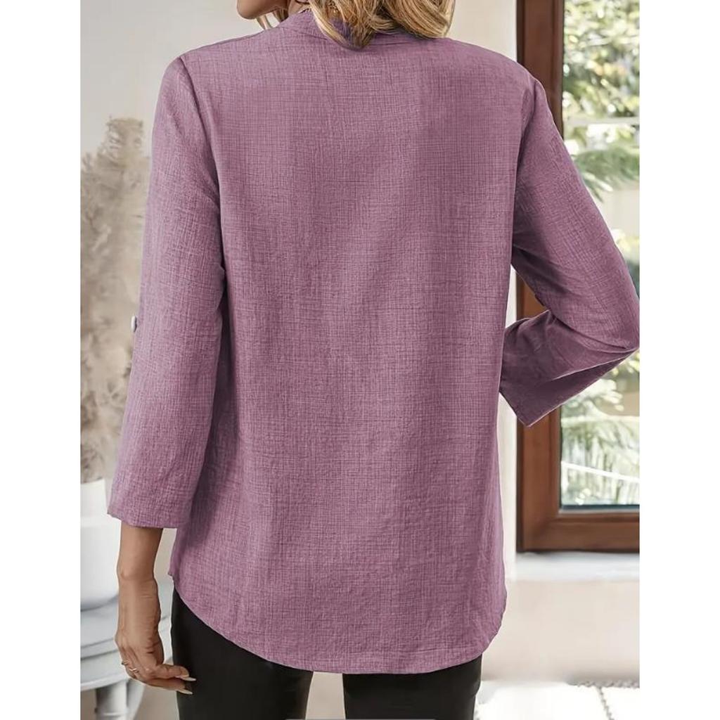 Dámský elegantní top s dlouhým rukávem a výstřihem do V, jednobarevný design, knoflíkové detaily, lehká látka