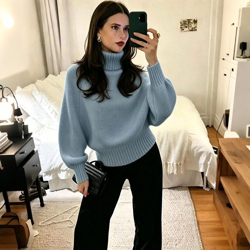 Women's Long Sleeve Turtleneck Sweater Loose Fit Knit Pullover Top for Fall Winter Everyday Wear