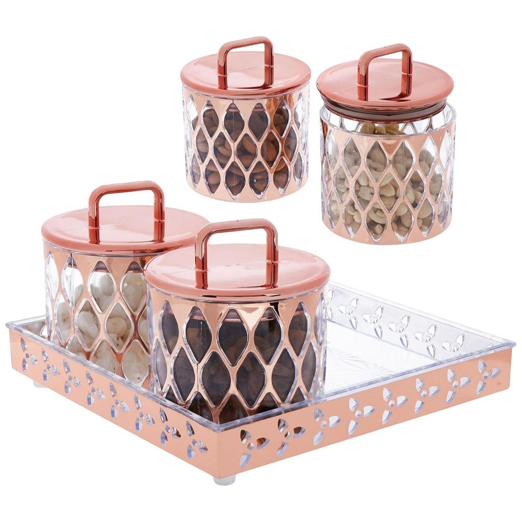 Airtight Dry Fruit Container Set With Tray|Plastic Dry Food Storage|500Ml, Set Of 4 (Rose Gold)