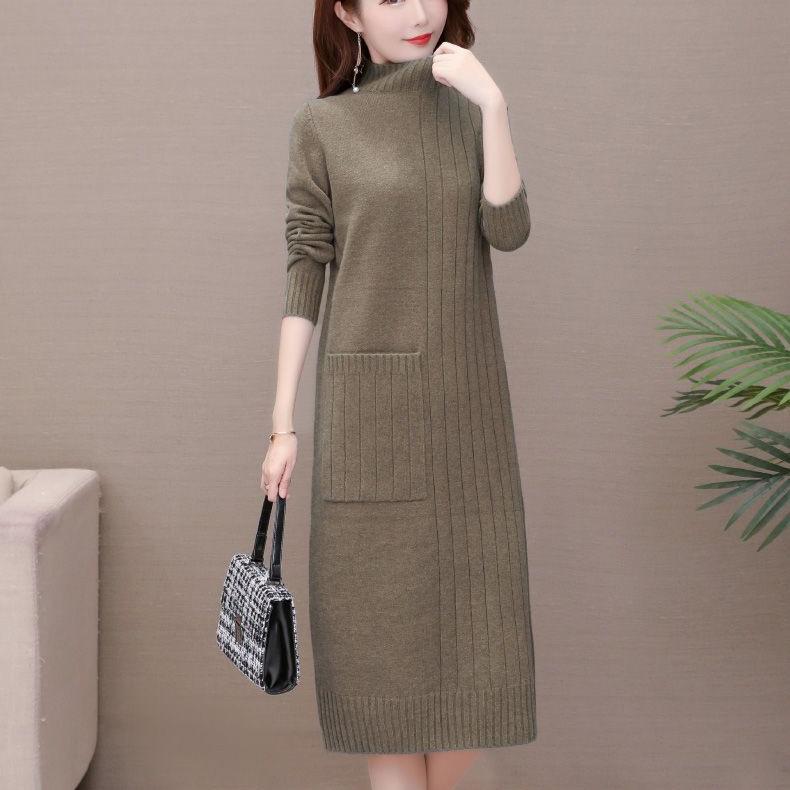Knitted Dress for Women In Autumn and Winter Korean Style Loose Mid-length Pullover Solid Color Half Turtleneck Sweater Dress