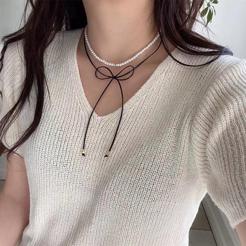 Ribbon Bow Pearl Double-Layer Choker: Women's Retro Niche Design Necklace