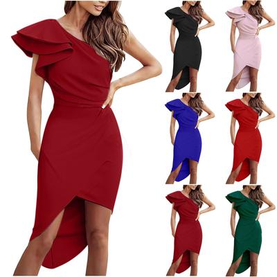 Robe de Cocktail élégante pour femmes, asymétrique épaule dénudée, manches à volants, fente portefeuille, froncée, moulante, robes de soirée courtes, été