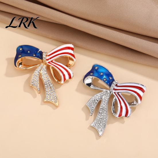 Decorative Patriotic Pin Independence Day Bow Brooch Pin, Rhinestone Lapel Sweater Long-lasting Alloy Cardigan Coat Suit Jewelry Accessory,