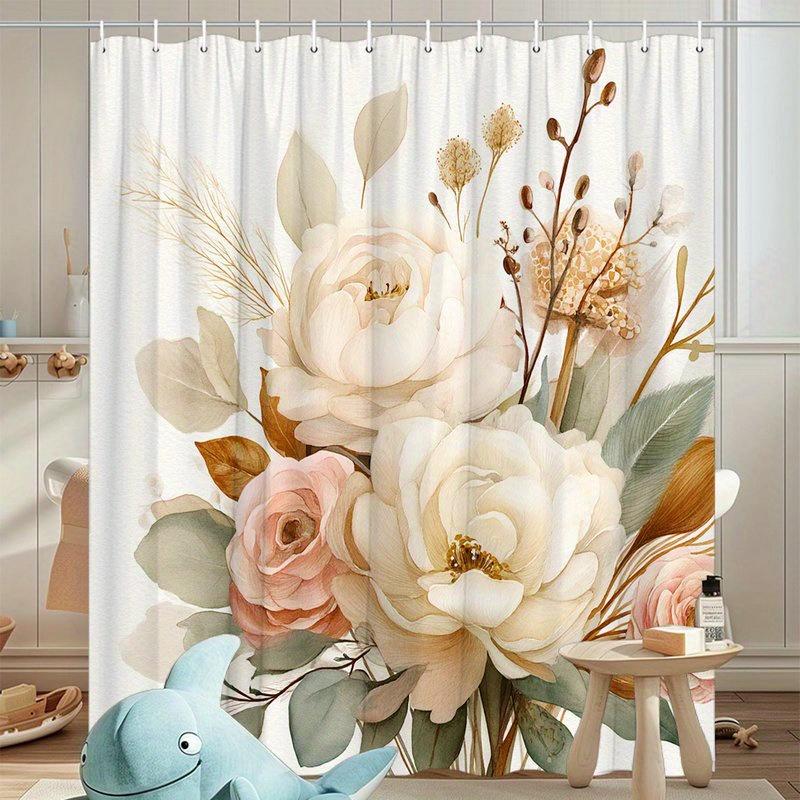 1 pièce Rideau de douche Pivoine et Tête de graine - Tissu Polyester, Lavable en Machine, Avec Crochets, Convient Pour la Décoration de Salle de Bain
