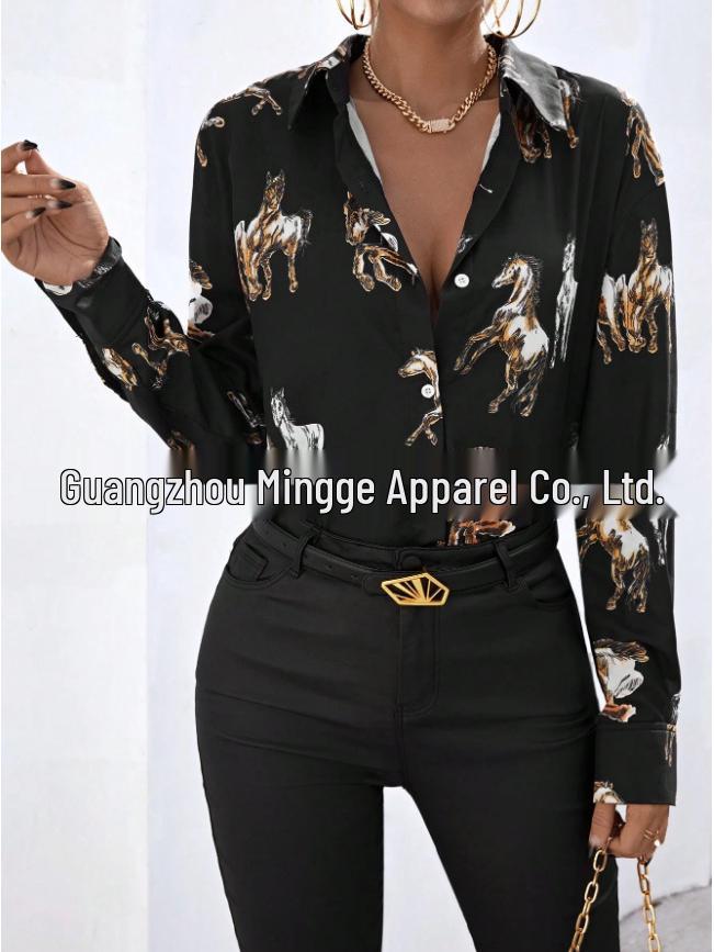 

2025 Spring/Autumn Women s Animal Print Lapel Loose Shirt Large чёрный
