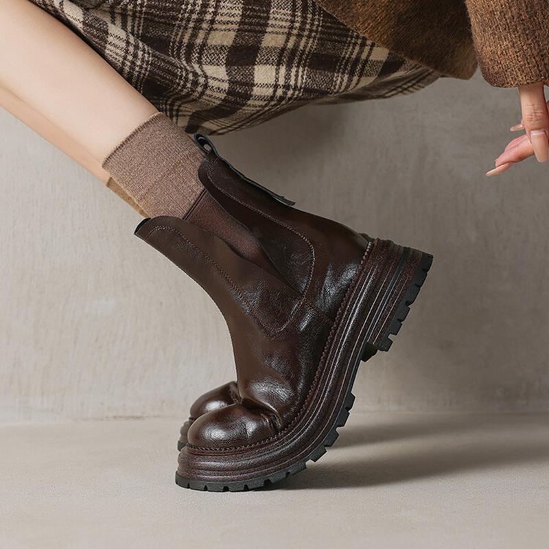Fashion NEW Autumn Women Boots Round Toe Chunky Heel Shoes Split Leather Shoes Women Casual Platform Chelsea Boots Daily Shoes Zip Boots