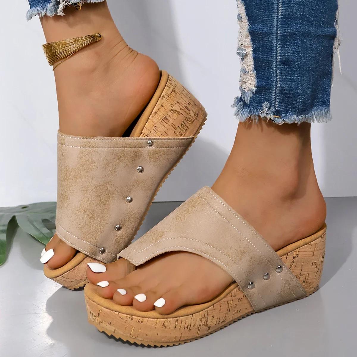 

Fashion Women s Vintage Brown Wedge Heel Sandals Summer Clip Toe Non Slip Beach Slippers Woman PU Leather Platform Roman Sandalias Mujer 36 бежевий