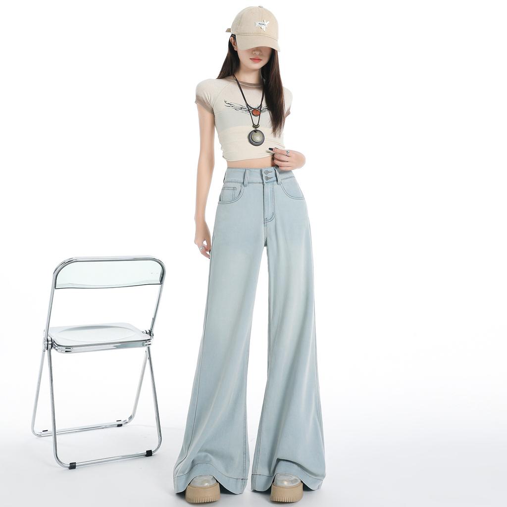 Helle Tiansi Schlagjeans mit weitem Bein für Damen Sommer Neu High-Waist Locker Drapierend Eisseide Gerade Bein Bodenlange Hose