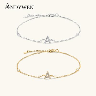 ANDYWEN 925 Silver Initial 26 Letters Alphabet Monogram Gold Bracelet Crystal CZ Zircon Fashionable Jewelry
