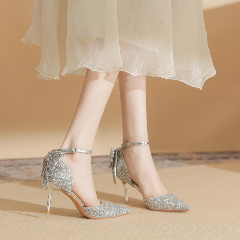 82326 High Heels Damen Stiletto 2025 Frühling Neu Silber Kristall Hochzeitsschuhe Spitz Strass Schleife Einzelne Schuhe