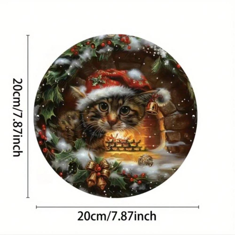 Vintage Christmas Cat Metal Sign Wall Decor Indoor Outdoor Humorous Feline Foil Embossed Holiday Art