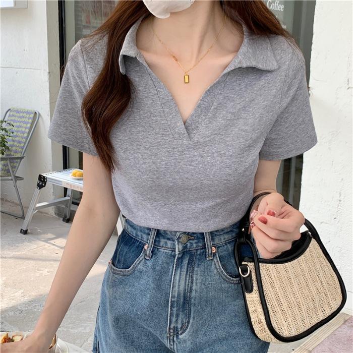 Special Cotton Elastane Polo Short-sleeved T-shirt Women's Summer Slim V-neck Solid Color Short Sweet and Spicy Top