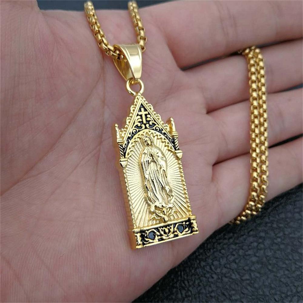 Religious Virgin Mary Madonna Pendant Necklace Gold Color Stainless Steel Chain For Women Men Christian Jewelry Gift XL1296