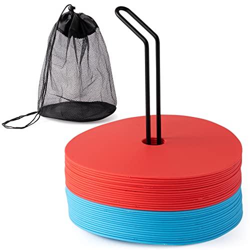 

Brolli Flat Markers, 30-Pack, Soccer/Futsal Stand with Storage Bag (For Dirt Grounds (15 Light Blue, 15 Red))