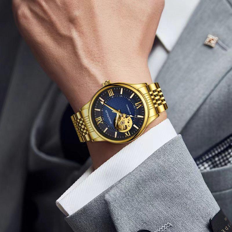 Uhr Wasserdicht Business Leichter Luxus Herren Mechanische Uhr Blau Hohl Tourbillon