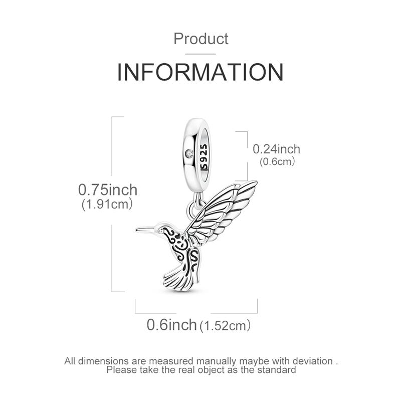 Original Real 925 Sterling Silver Charms Bead Retro Pattern Hummingbird Pendant Fit Original Bracelet For Women DIY Jewelry Gift