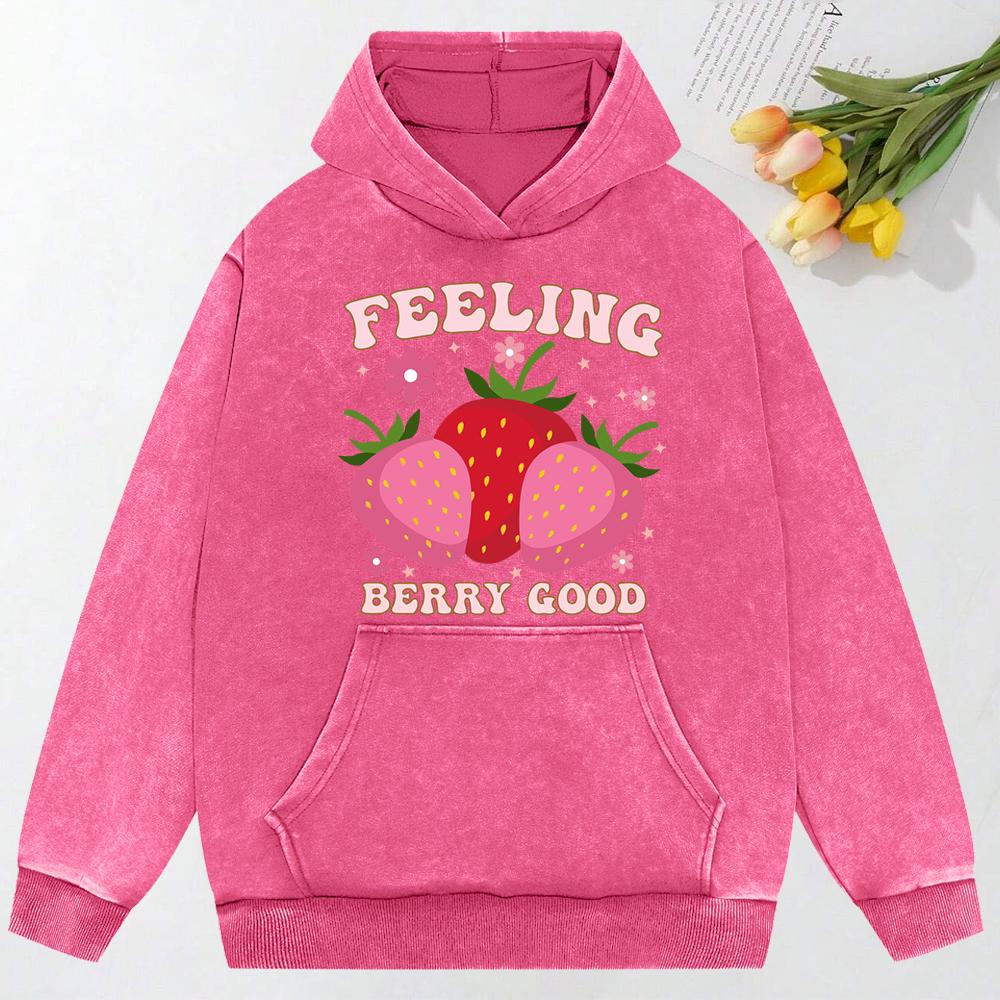 Feeling Berry Good Strawberry  Print Women Washed Hoody Autumn Oversize Streetwear Fashion Cotton Hoody Soft