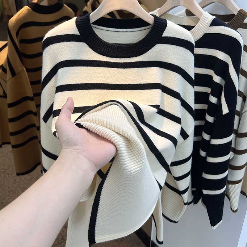 Sweater Pullovers Tops Women Long Sleeves Contrast Stripes Autumn Winter Oversized  Loose Long Sleeve Pullover Tops