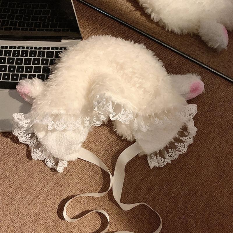 Lovely Plush Cartoon Sheep Hat with Warm Earflap Winter Activity Hat Lace Trim Pullover Hat Ear Protective Trapper Hat