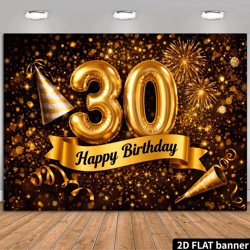 Sfondo Nero Oro 2D per il 30° Compleanno per Fotografia Decorazioni Festa Happy Birthday