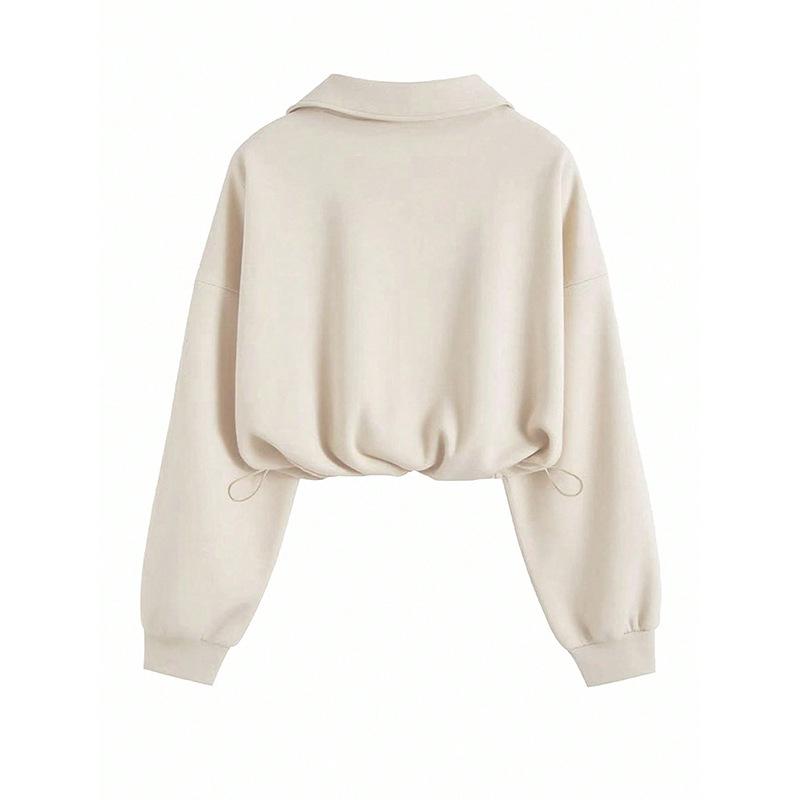 Women Spring Autumn Casual Sports Zipper Lapel Long Sleeve  Solid Color Pullover Hoodies Sweatshirt Top