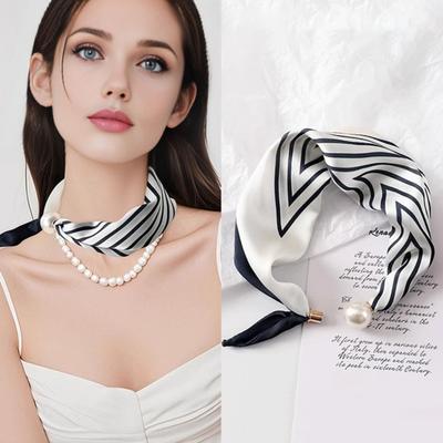 Women Silk Scarf Striped Leopard Dot Print Silk Scarf Necklace with Faux