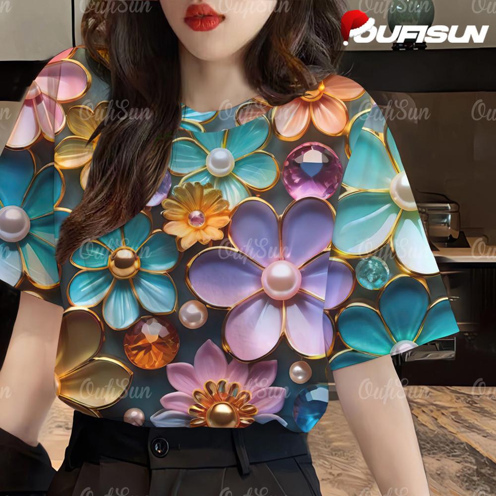 3d Colorful floral short Sleeve T-shirt for women's fashion loose plus size pullover