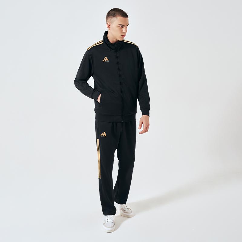 Adidas Striped Color Block Logo Stand Collar Long Sleeve Straight Leg Pants Casual Sports Suit Unisex Suit Black Gold TR90JT-BG+TR90PT-BG