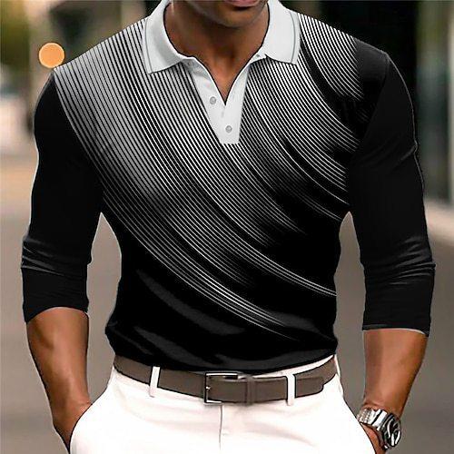 Men's Casual Gradient Button Up Long Sleeve Polo Shirt Fashion Sweatshirt