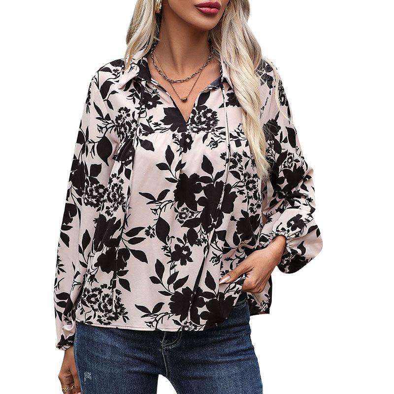 Fashion Long Sleeve Lapel Flower Printed Bandage Pullover Shirt Top for Ladies