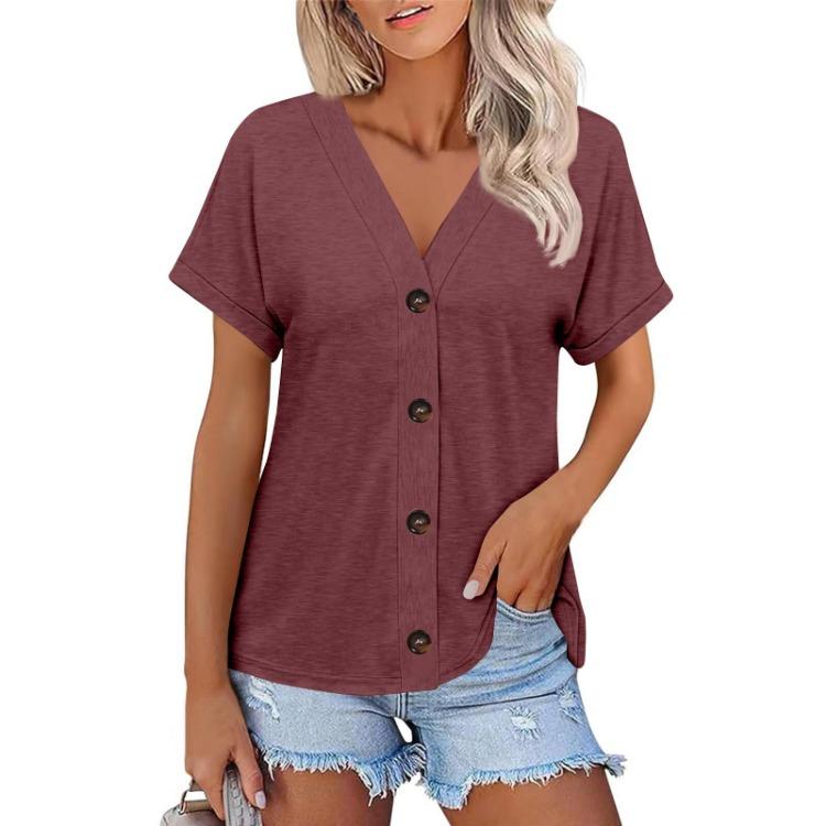 Women Fashion Short Sleeve V Neck Solid Button Down Casual T Shirt