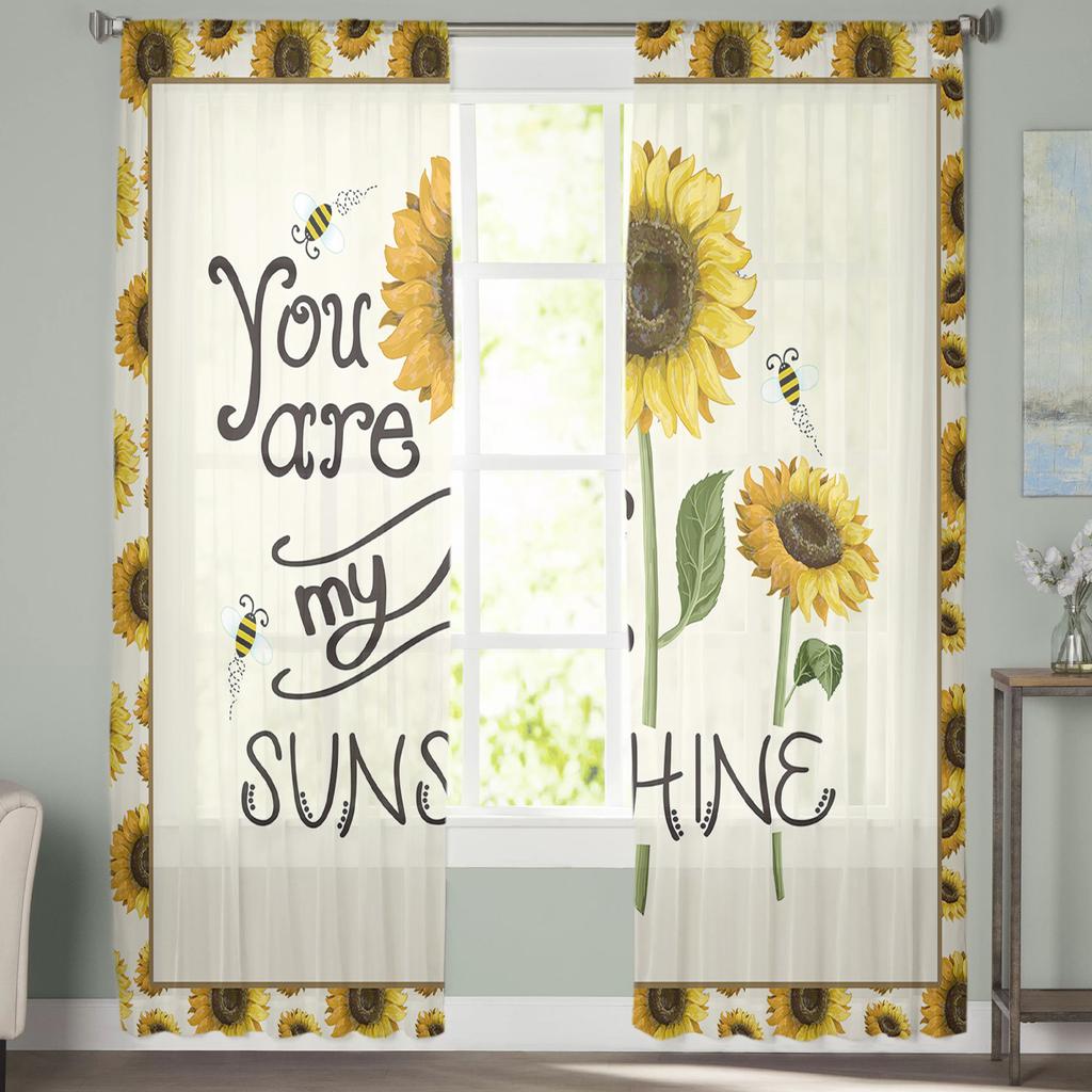 Sunflower Bee Yellow Window Treatment Tulle Modern Sheer Curtains for Kitchen Living Room the Bedroom Curtains Decoration