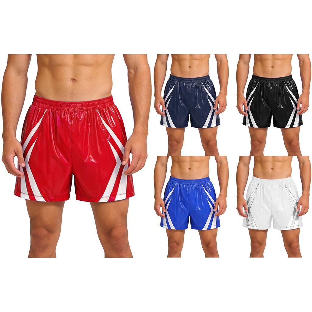 Mens Waterproof Swim Trunks Pockets Color Blocking Stripes Elastic Waistband Athletic Bottoms