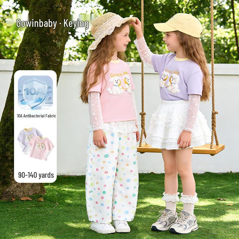 

Keying Girls Faux Two-Piece Lace Trim Long Sleeve T-Shirt with Cartoon Print 130