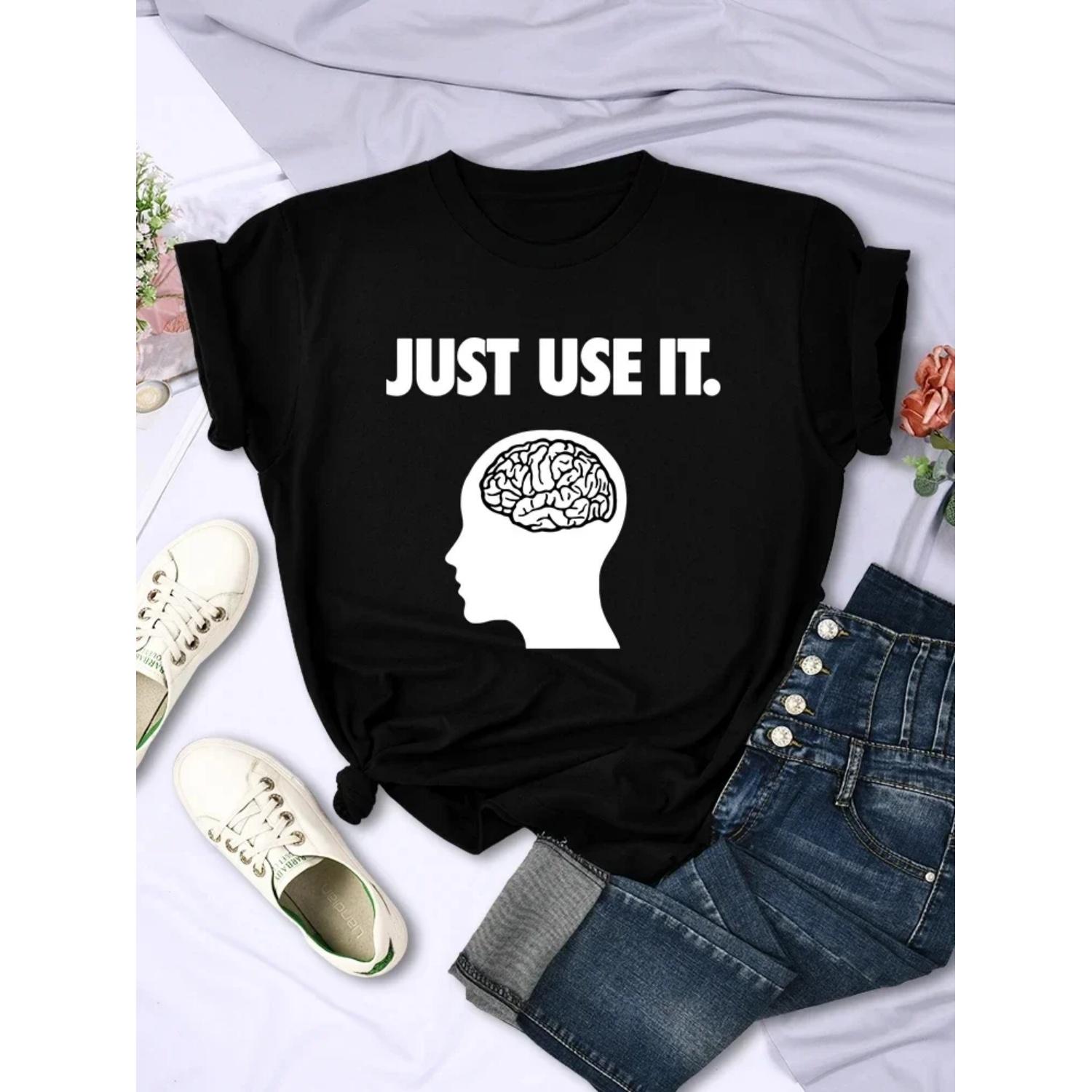 

Just Use Your Brain Women s T-shirt Clothing Fun Creative T-shirt Casual Summer Short Sleeve Round Neck Breathable Women s Tops S чёрный
