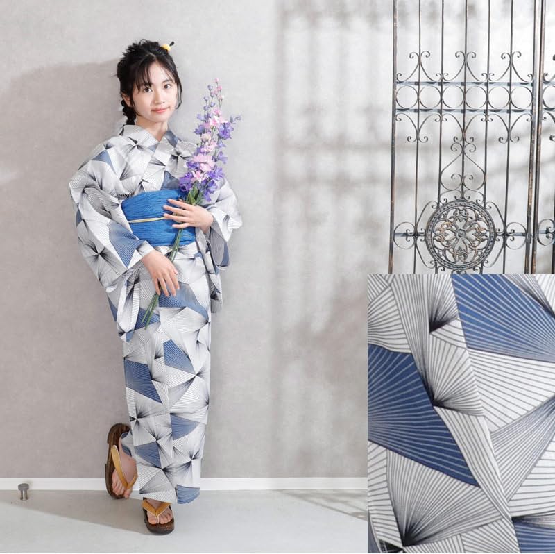 Kimono Hiroba Yu Junior Yukata Set for Sizes and Retro and Modern Kids' 4-Piece Girls, 120, 130, 140, 150cm, Style, [L-3] (140cm)