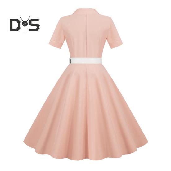 Damekjole V-hals Revers Enkeltspent med Belte A-linje Stort Sving Skreddersydd Høy midje Ensfarget Retro Kortermet Prinsessestil Dame Midikjole