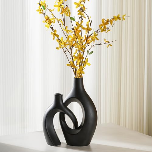 Levvohd Stylish Interior Vases, Black Base Ceramic, Hollow Ceramic Dried Flower Vase Set of 2 (Black Large)