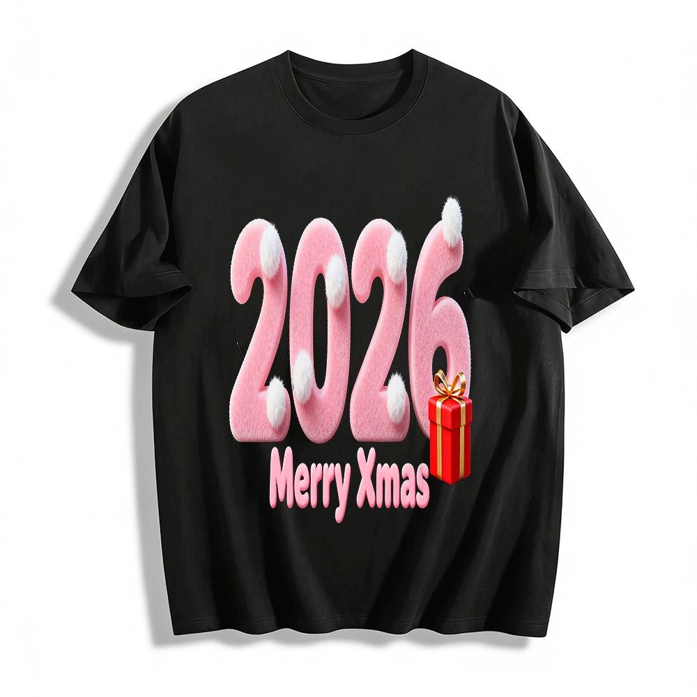 2026 Christmas Pink Fluffy Number Print Casual Top Pure cotton T-shirt XXS