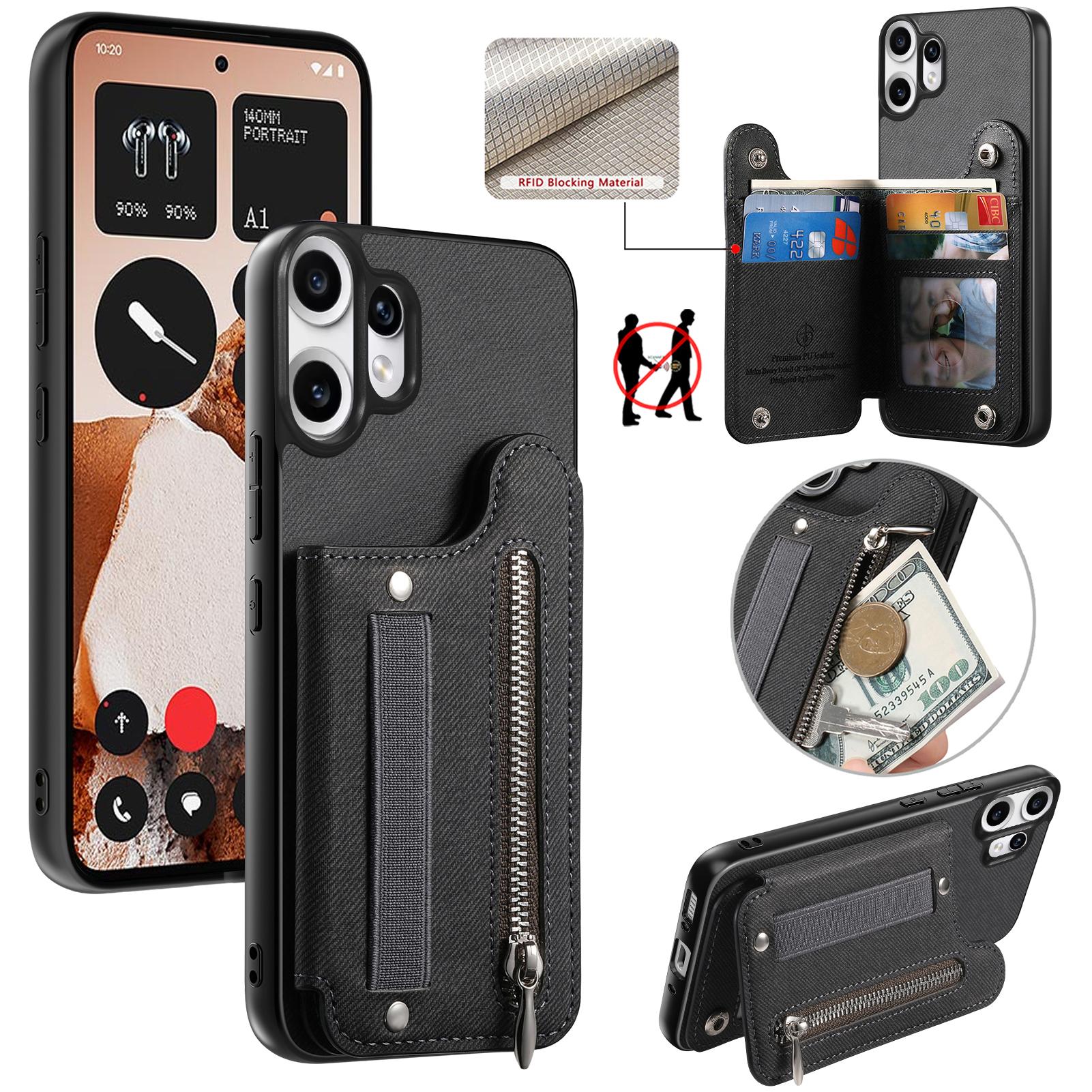 

For Nothing CMF Phone 2 Pro Case RFID Blocking Card Holder Jeans Cloth Texture Leather Back Cover with Elastic Wristband Black